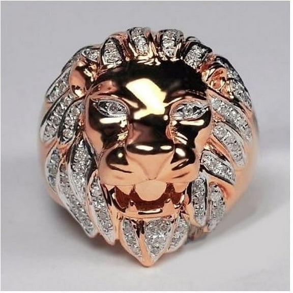 Lion Head Ring Metal Animal Ring with Alloy Inlaid Gems European Design Statement Ring Hand Jewelry for Men and Women Gold