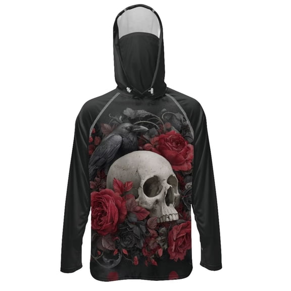 SEANATIVE Men's UV Protection Sun Hoodie Long Sleeve Fishing Tops Hiking Running Shirt Multi-Use Outdoor Sports Casual Top Summer Fall Outfits for Men, S, Skull Crow Rose Red Black