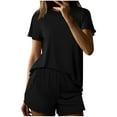 thumbnail image 2 of pstuiky Womens Pajamas Shorts Set Summer Solid Color Breathable Pajamas Set Casual Loose Fit Crew Neck Short Sleeve Sleepwear with Shorts Summer Pjs Black S, 2 of 7