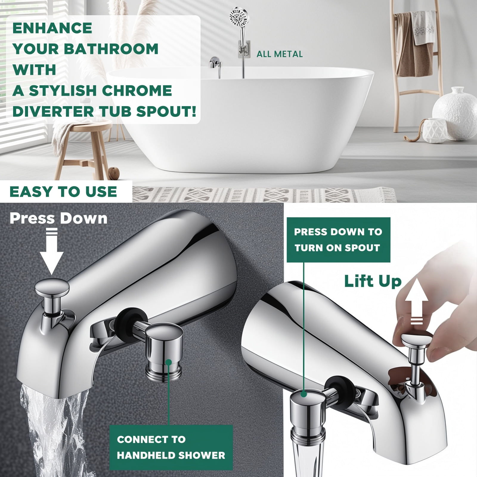 FETERVIC Bathtub Faucet with Sprayer,Slip-On Tub Spout High Pressure 10 Settings Handheld Shower Head with Diverter Set