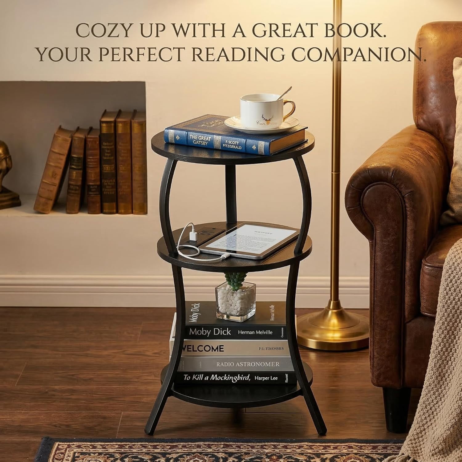 ZEXVIDA Small Round Side Table with Charging Station, 3-Tier Waist Circular End Table with Storage Shelf,  Sofa Side Table Small Spaces, Round Corner Coffee Table for Living Room Bedroon,Black
