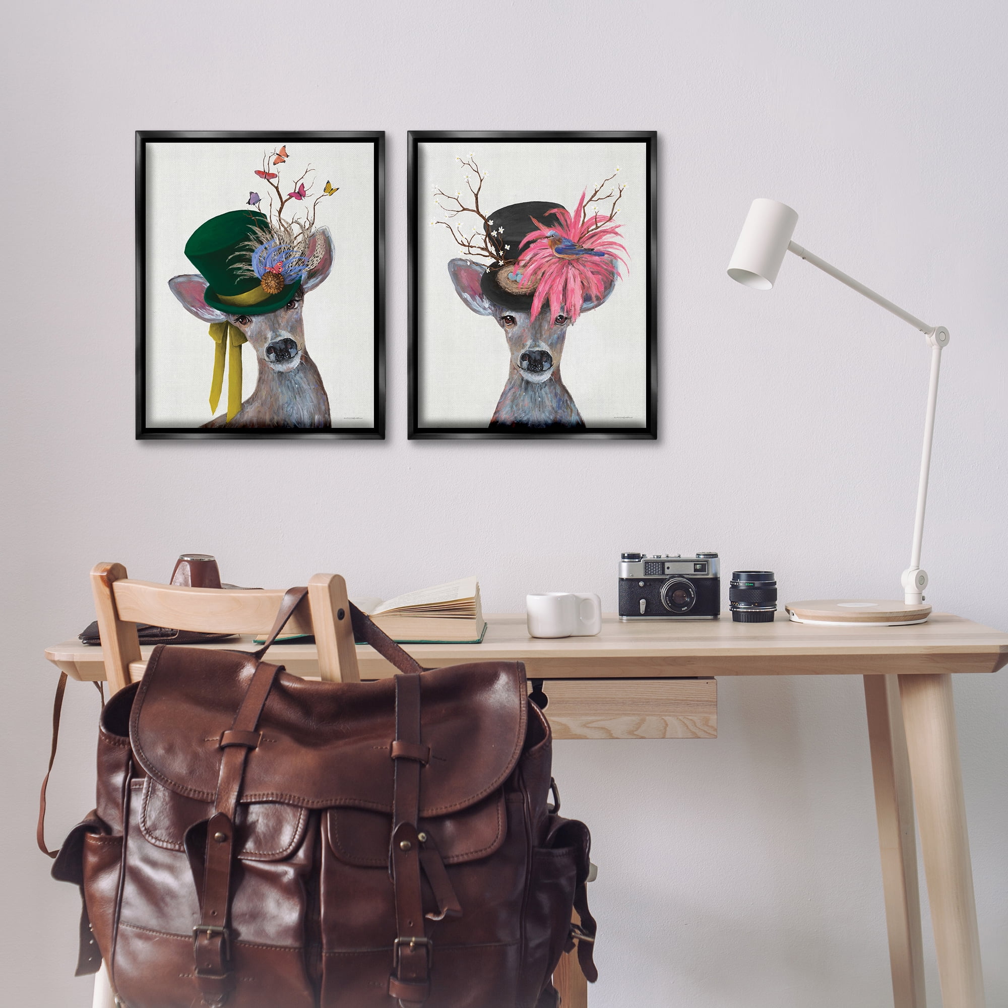 Stupell Industries Dapper Deer Floral Top Hat Animals Painting Black Floater Framed Canvas Art Print Wall Art, 17 x 21, Set of 2