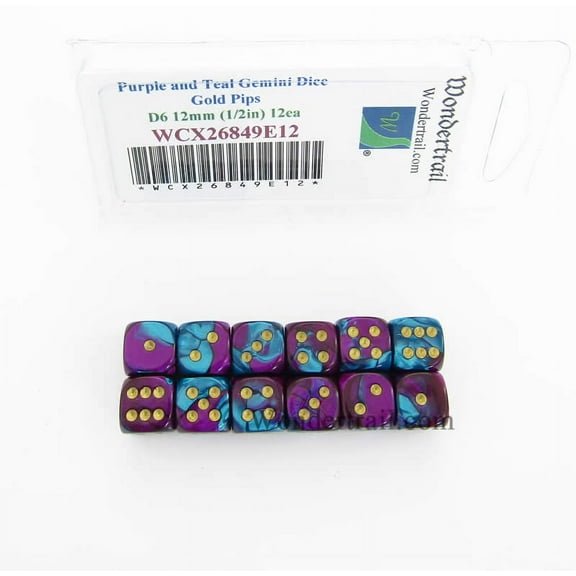 Purple and Teal Gemini Dice with Gold Pips D6 12mm (1/2in) Pack of 12 Wondertrail