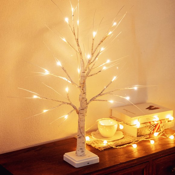 Árbol de abedul iluminado Woohaha 60 cm LED blanco cálido 24 litros