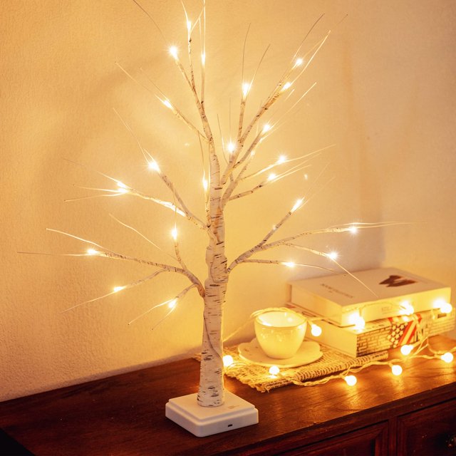 Árbol de abedul iluminado Woohaha 60 cm LED blanco cálido 24 litros