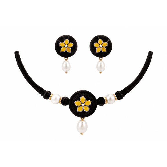 GBT - Black Floral Choker Necklace & Earrings Set for Women, Handmade Beaded Shell Pendant Jewelry Gift