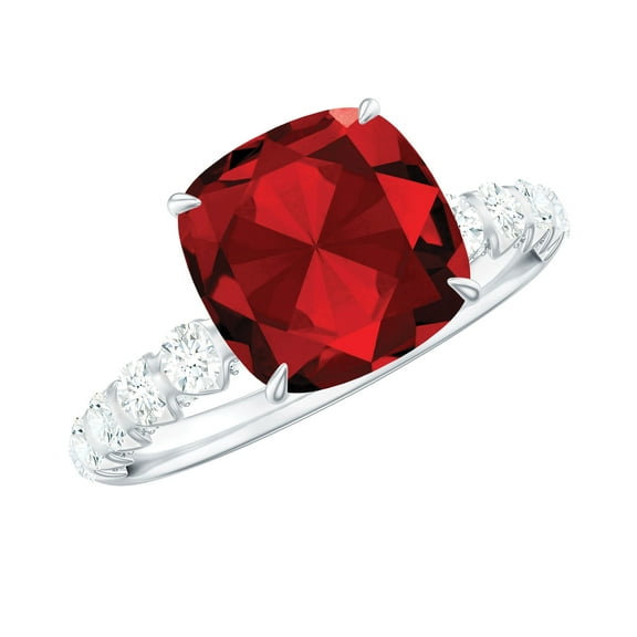 Rosec Jewels Lab Grown Ruby Engagement Ring (8 mm Cushion Cut, AAAA Grade Certified) - Ruby Diamond Ring - with Jewelry Box, 925 Sterling Silver, US 4.00