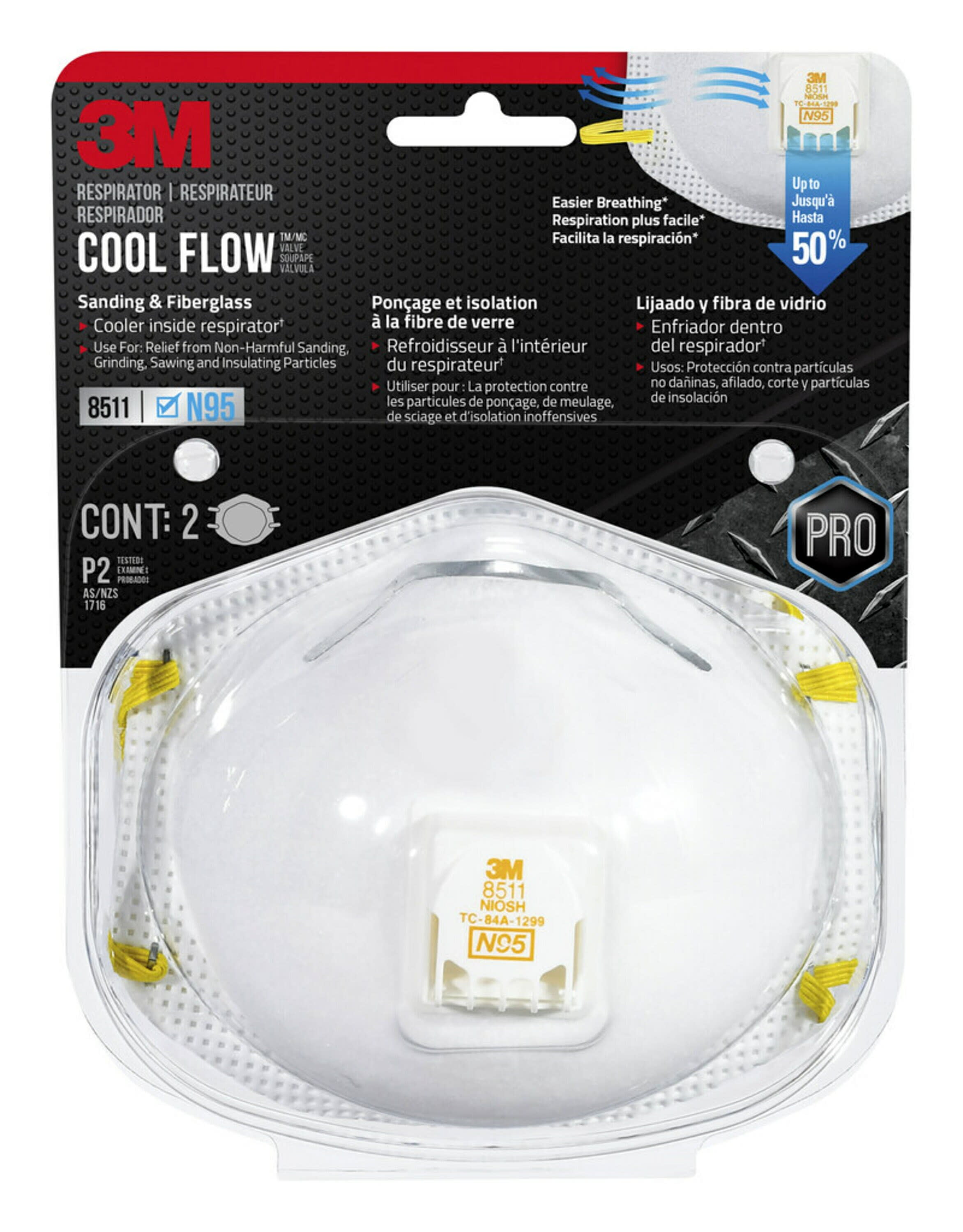 3M Cool Flow Valve Respirator 8511, N95, White, 2 Masks