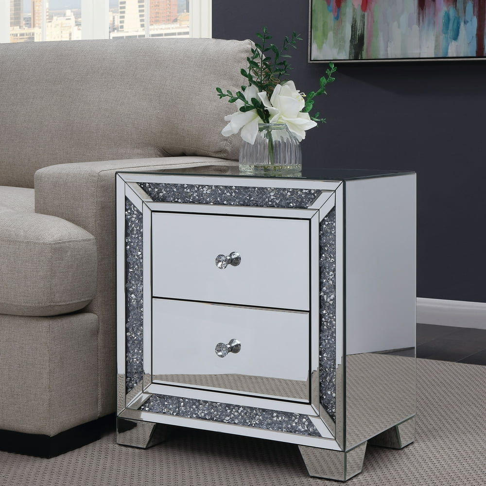 Furniture of America Wilmington Mirrored 2Drawer Side Table, Silver