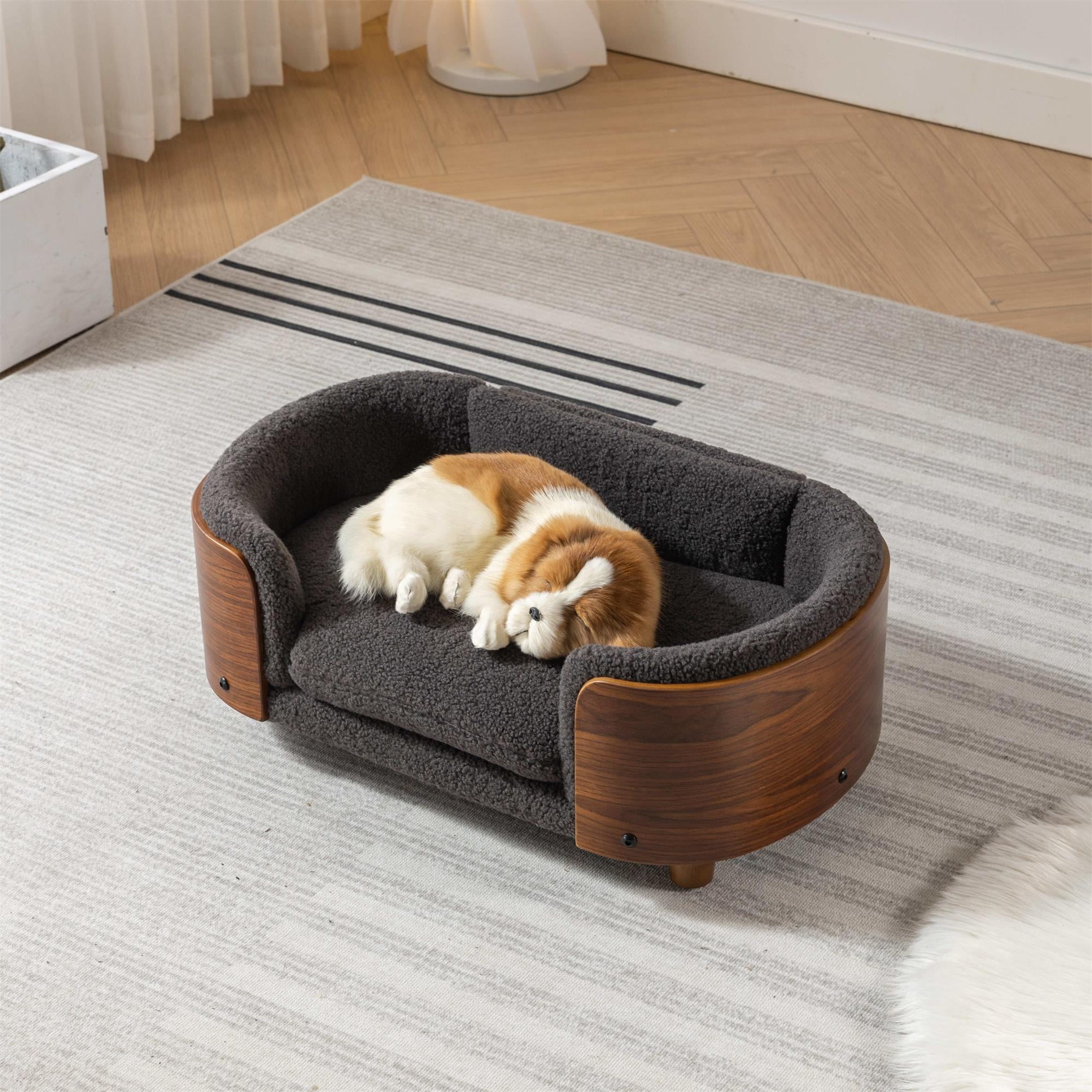 Pefilos 26" Pet Sofa for Indoors Dogs, Cat and Dog Bed with Solid Wood Legs and Walnut Bent Wood Back, Cashmere Cushion, Gray Pefilos 26" Pet Sofa for Indoors Dogs, Cat and Dog Bed with Solid Wood Legs and Walnut Bent Wood Back, Cashmere Cushion, Gray