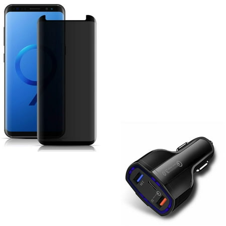 Screen Protector Car Charger - Compatible With Samsung Galaxy S9 - Anti-Peep Tempered Glass Privacy Screen Protector 3D w 48W 3-Port Adaptive Fast Dual USB Car DC Charger w Type-C Port