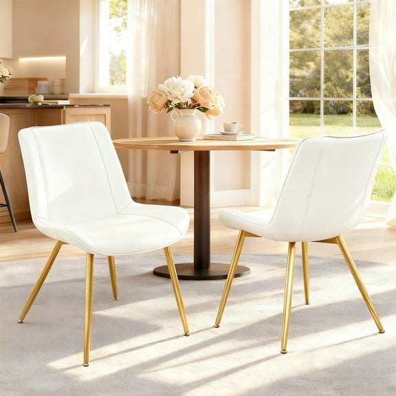 Modern Faux Leather Dining Chairs Set of 2, Upholstered Dining Side Chairs with Metal Legs, Comfort Backrest Chair For Kitchen Dining Room Cafe(White, Gold Legs)