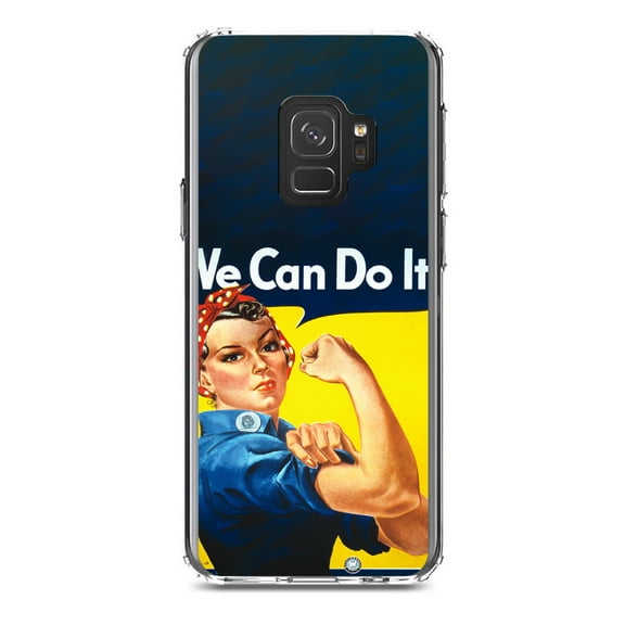 DistinctInk Clear Shockproof Hybrid Case for Samsung Galaxy S9 (5.8" Screen) - TPU Bumper, Acrylic Back, Tempered Glass Screen Protector - Rosie the Riveter