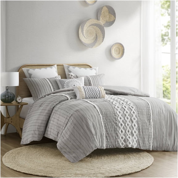 JERFIT Geometric Chenille Tufted Comforter Set, 100% Cotton Gray Printed Queen Full Bedding, 3-Piece with Shams, Hypoallergenic & OEKO-TEX Certified
