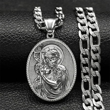 Saint Benedict Medal Pendant Necklace for Women Men 14K White Gold Chain Necklaces Amulet Jewelry San Benito