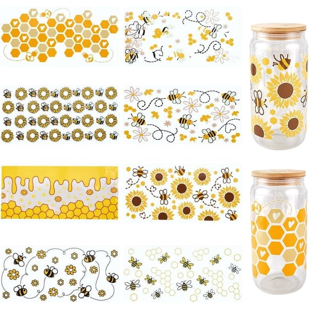 8 pegatinas para vasos de vidrio, 8 estilos, UV, DTF, transparentes, de plástico, amarillas, con diseño de animales, abejas y panal, impermeables.