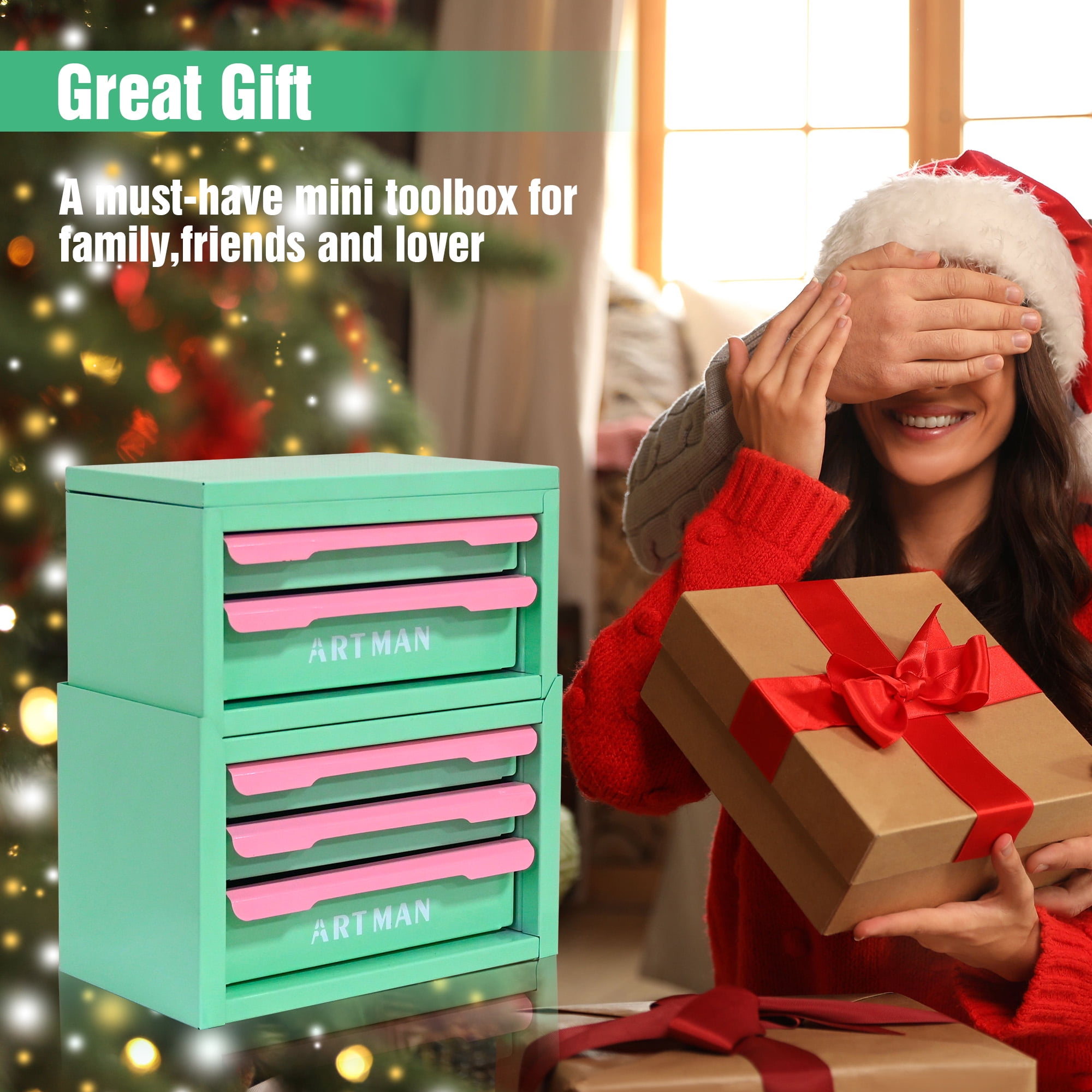 JXXRZ Mini Desktop Storage Box with 5 Drawers, Desk Organizer for Office, Stationery & Cosmetics, Green-Pink
