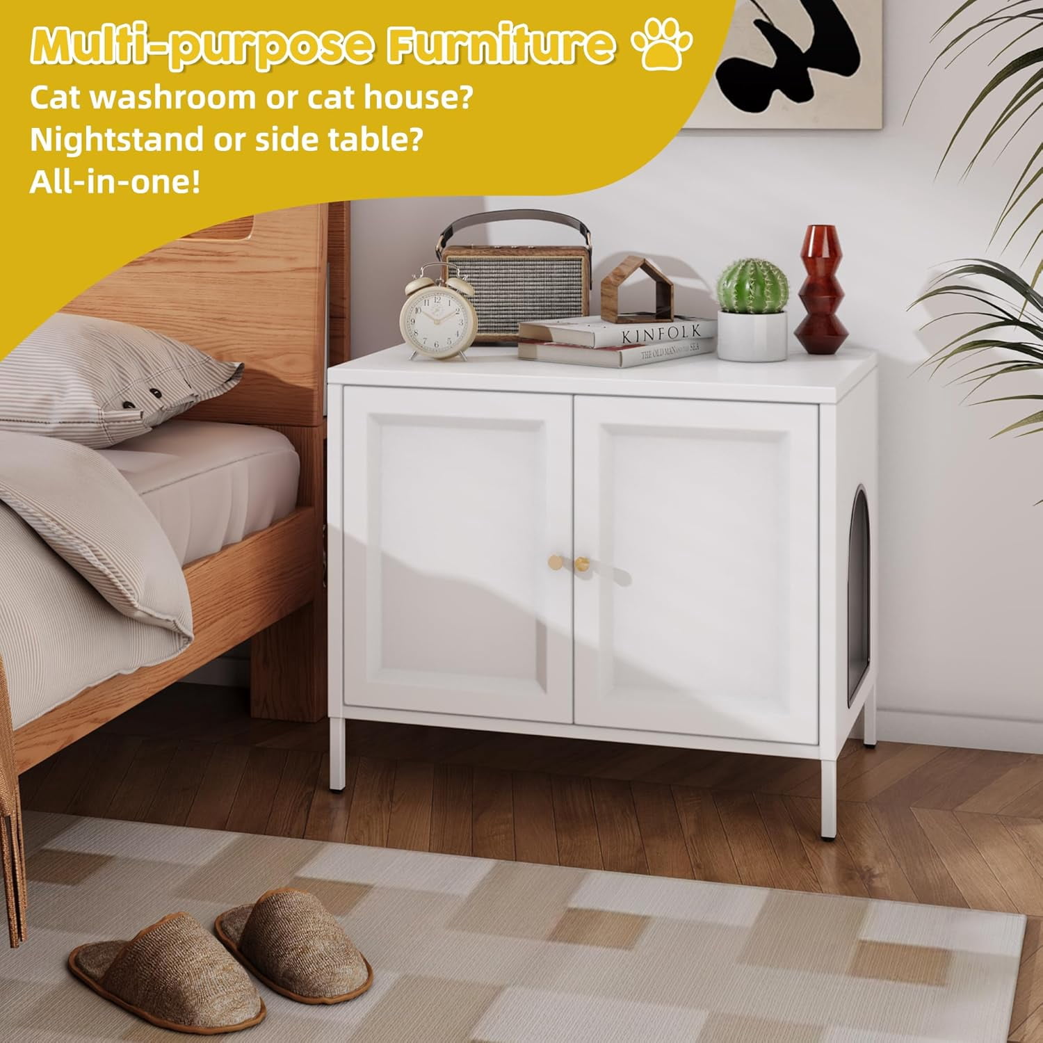 Metal Cat Litter Box Furniture with Barn Door, Fits Most Litter Boxes, White, Assembly Required