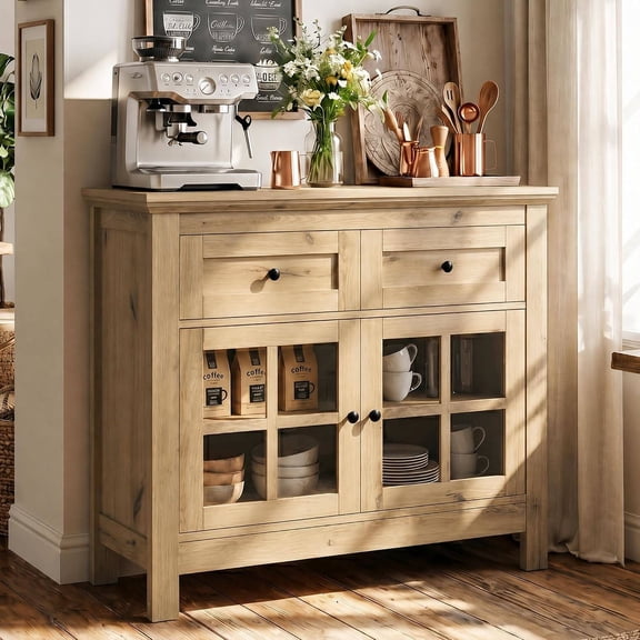 36" Buffet Cabinet Sideboard with Drawers & Glass Doors, Yellow Oak Finish | Credenza for Dining Room, Living Room, or Kitchen