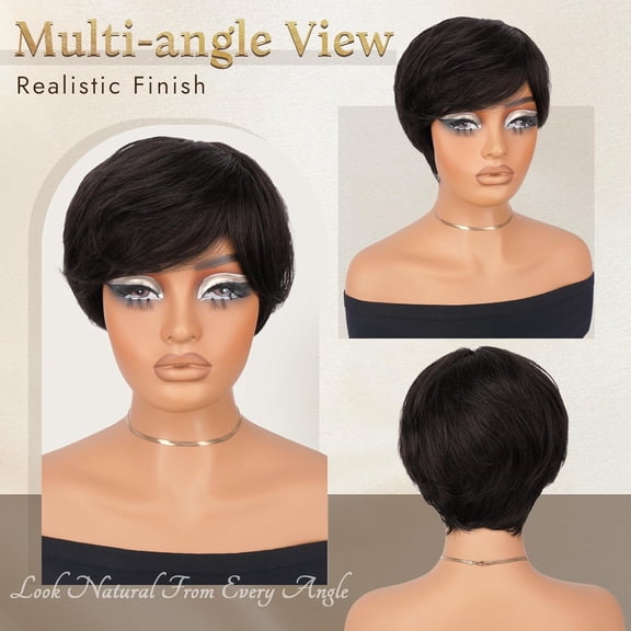 SHILIU-Pixie Cut Wig Human Hair – Short Wigs for Black Women with Bangs Short Human Hair Wigs, Natural Layered Wavy Wig, Glueless, 0829-1B#