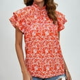 thumbnail image 4 of Lovskoo 2024 Womens Summer Tops Casual Ruffled Mock Neck Floral Print Shirts Smocked Ruffle Short Sleeve Babydoll Blouses Orange XL, 4 of 8