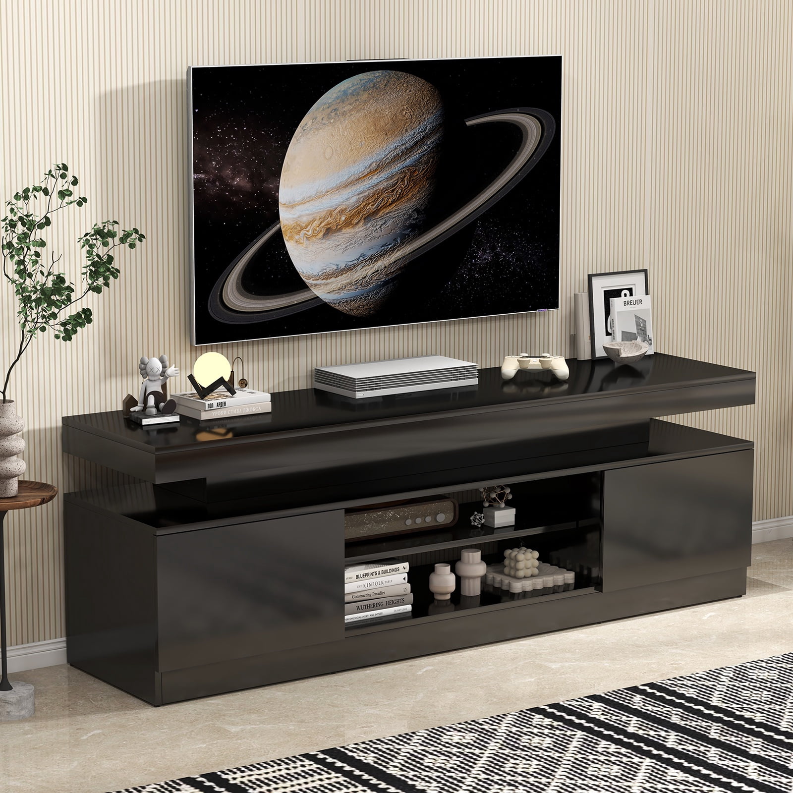 JOIVI LED TV Stand with Power Outlets, Modern High Gloss Entertainment Center for TVs Up to 75", TV Media Console with Storage, Black