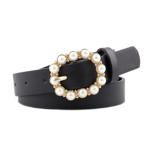 Defitshape Women's Faux Leather Belt Pearl Autumn Adjustable Belts All Seasons Belt For Dress Adorable Casual 2025 Bead Patent Black X-Small-Large