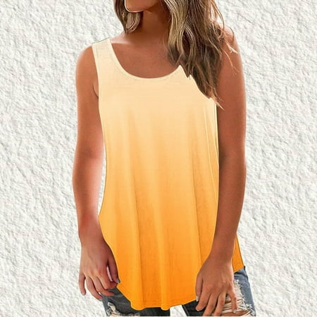 nochalofo Yellow Crew Neck Casual Corset Top  Plus Size Loose Sleeveless T Shirts Dot Baggy Sports Gym Work Casual Loose Summer Tee Top Tunic Blouse