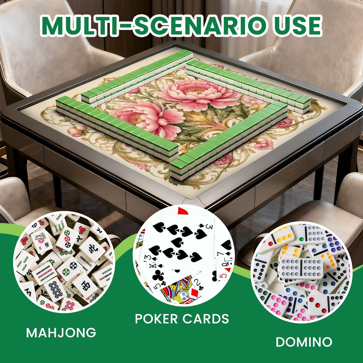 Mahjong Mat 31.5" x 31.5" Floral Blossom Pink Green Leaves Vintage Style Non-Slip Noise Reduction Mahjong Tiles Table Cover for Dominoes Poker Card Board and Tile Games