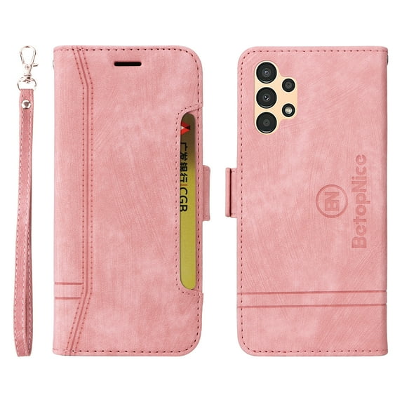 Allytech Wallet Case for Samsung Galaxy A13 5G 6.5 Inch, Luxury Glossy PU Leather Shockproof Card Slots Holder Phone Flip Folio Cover with Kickstand Magnetic Clasp Wrist Strap Handbag Case,Pink