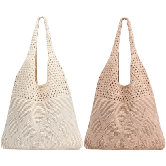 2Pcs Crochet Mesh Beach Tote Bags, Summer Foldable Aesthetic Shoulder Boho Knit Bag for Women Casual Vacation Essentials