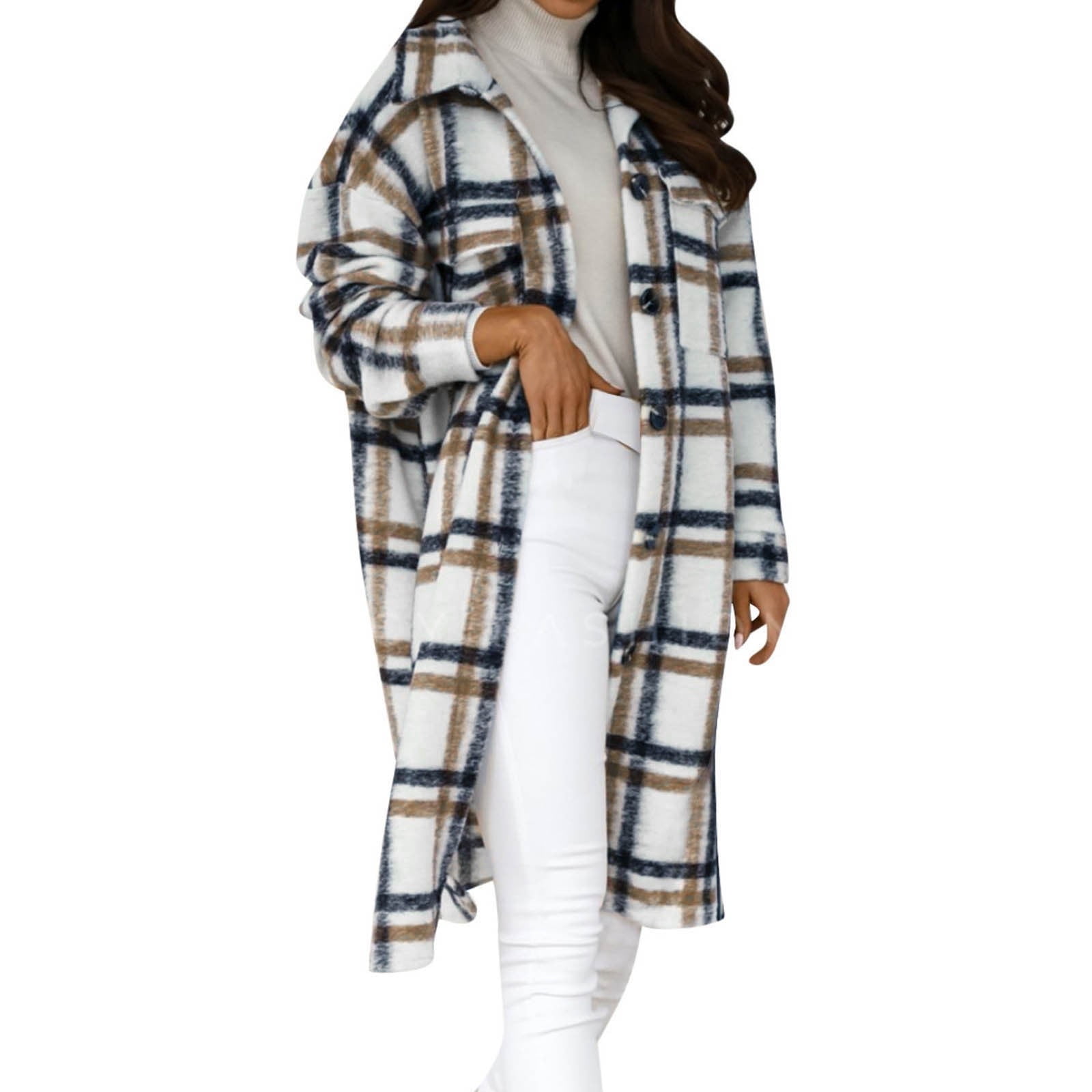Plaid Shacket Mid Length Jackets for Women Long Sleeve Open Button Down