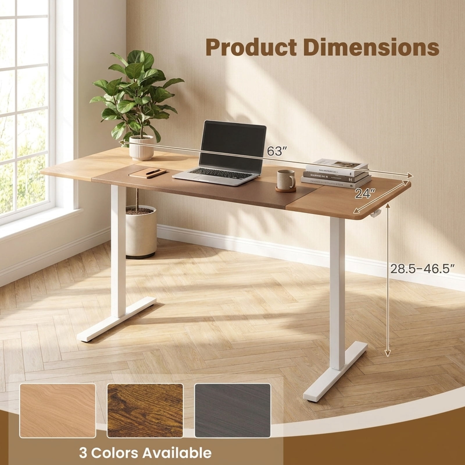 Furnibear 63 x 24 Inch Height Adjustable Sit Stand Computer Desk with 3 Memory Presets for Home Office Study Computer Writing Workstation, Natural