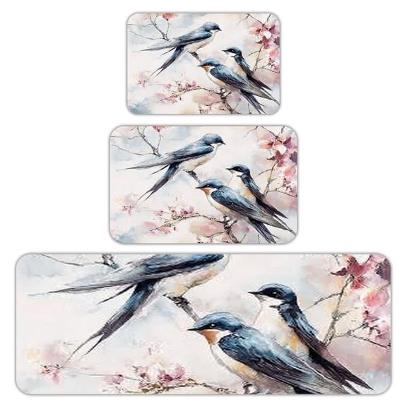 RKSupls Kitchen Rug Set 3 Piece Anti-Slip Flannel Floor Mats, Swallows Cherry Blossoms Washable Absorbent Runner Mats for Kitchen Bathroom Home Decor