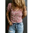 thumbnail image 2 of Women's Pink Floral Short Puff Sleeve V Neck Ruched Blouse, 2 of 7