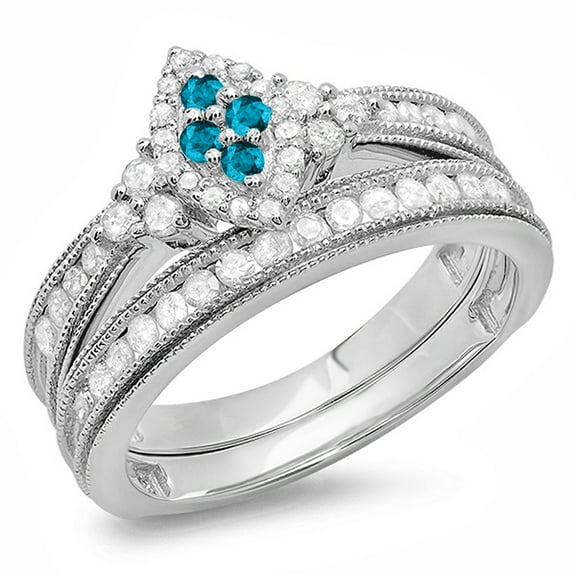 Dazzlingrock Collection 0.80 Carat (ctw) Sterling Silver Blue & White Diamond Bridal Marquise Shape Ring Set 3/4 CT, Size 8