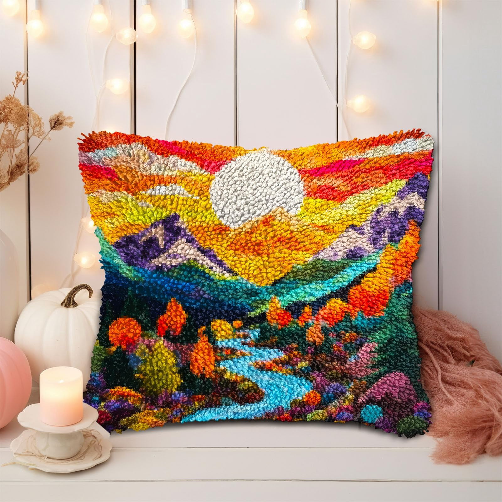 Colorful Natural Landscape Sunset River Trees DIY Latch Hook Pillow Kits for Adults Printed Pillowcase Crochet Yarns Hooking Handmade Pillow Cover Cushion for Home Sofa Decoration 17x17inch(2)