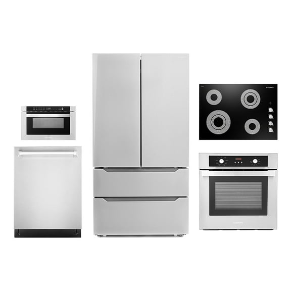 Cosmo 5 Piece Kitchen Appliance Package With 30" Electric Cooktop 24" Built-in Fully Integrated Dishwasher 24" Single Electric Wall Oven 24" Built-In Microwave Drawer & French Door Refrigerator