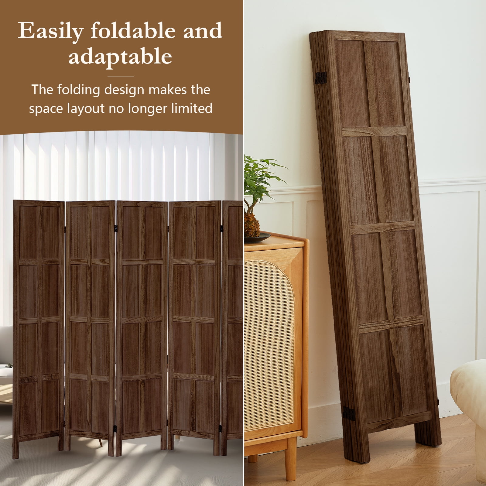 Aletheiawu 6 Panel Room Divider Wall and Folding Privacy screen, No Installation Require, Dark Brown