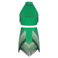 thumbnail image 5 of TiaoBug Kids Girls Latin Dance Outfits Fringe Tassels Halter Backless Crop Top with Mini Skirts Dancewear Green 16, 5 of 6