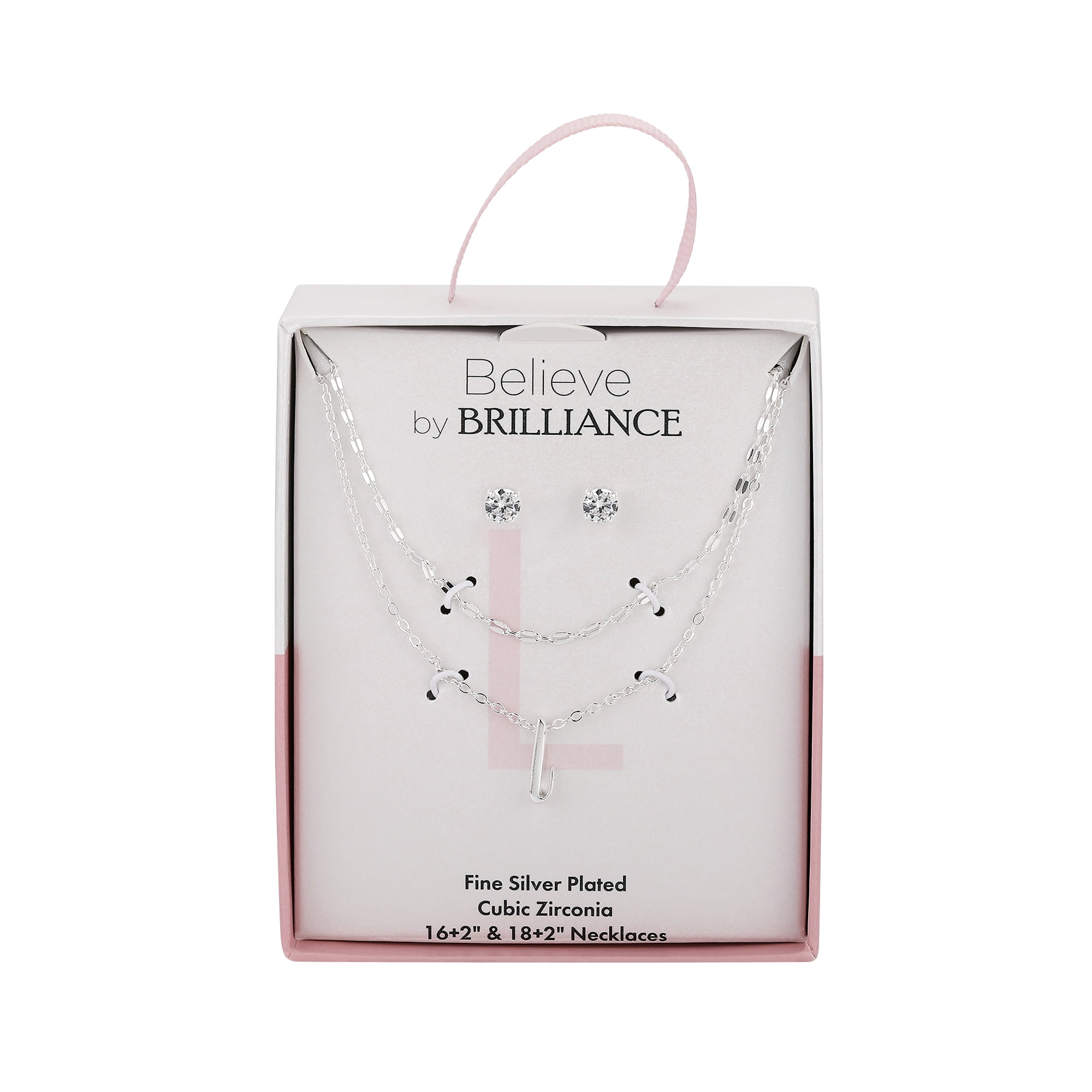 Believe by Brilliance Women's Initial L Slider Layered Necklace and Stud Set, 16+2"/18+2"