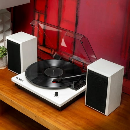 Victrola Montauk Bluetooth Record Player with 3 speed Turntable and Bookshelf Speakers - White