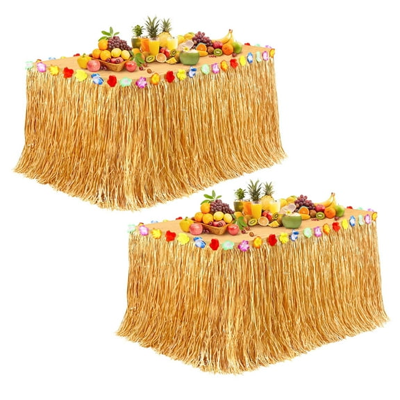 Kabuer Hawaiian Grass Table Skirt, Straw Table Skirt for Tropical Party Decorations and Hawaiian Themes, 9 ft x 29.5 inch, 2 Pcs