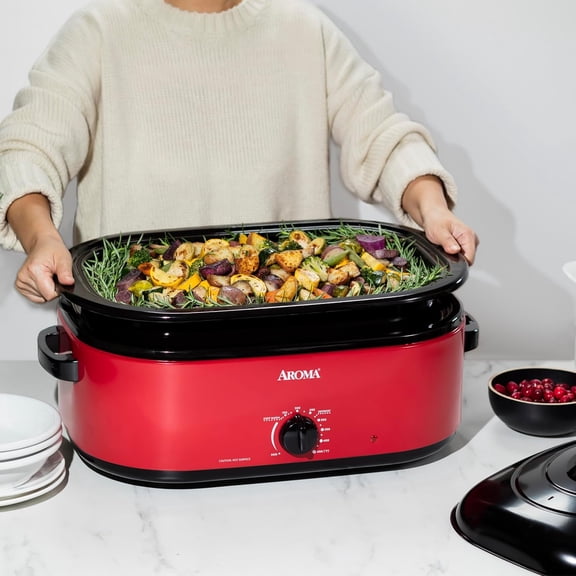 18Qt. Roaster Oven with Self-Basting Lid, Fits 22-lb. Turkey, Adjustable Temperature Settings, Keep Warm Setting, Red (ART-718R)