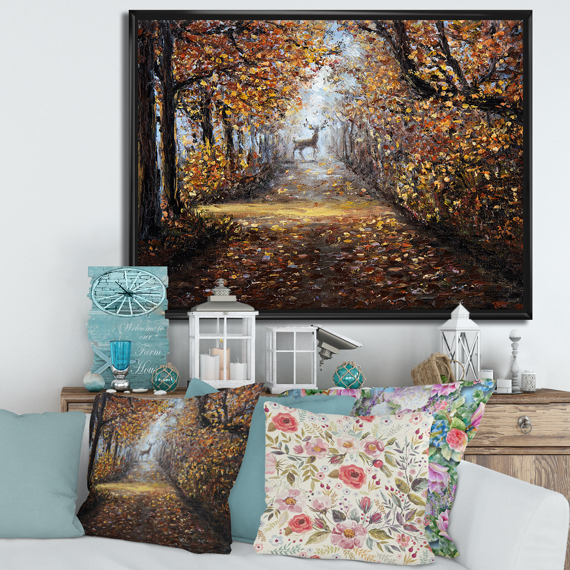 Deer In The Autumn Park 32 in x 16 in Framed Painting Canvas Art Print, by Designart