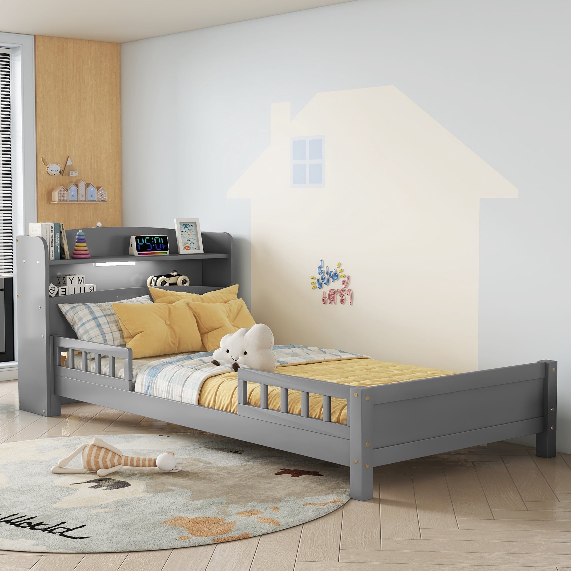 Leumius Twin Pine Wood Bed with Bookcase Headboard, LED Motion Sensor Light, Guardrails for Boys Girls Grey