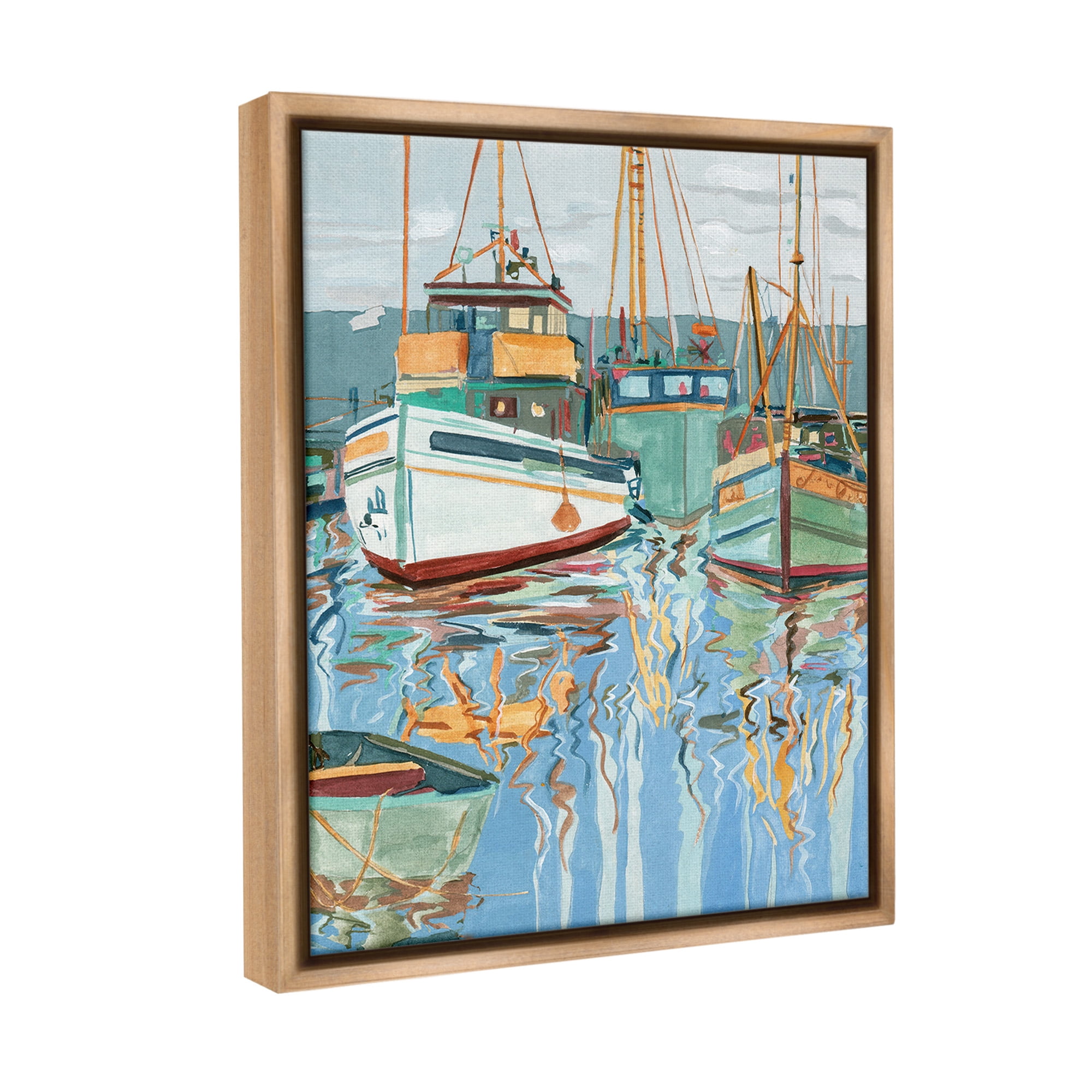 Stupell Industries Boat Harbor Reflections Transportation Painting Brown Floater Framed Canvas Art Print Wall Art, 25 x 31