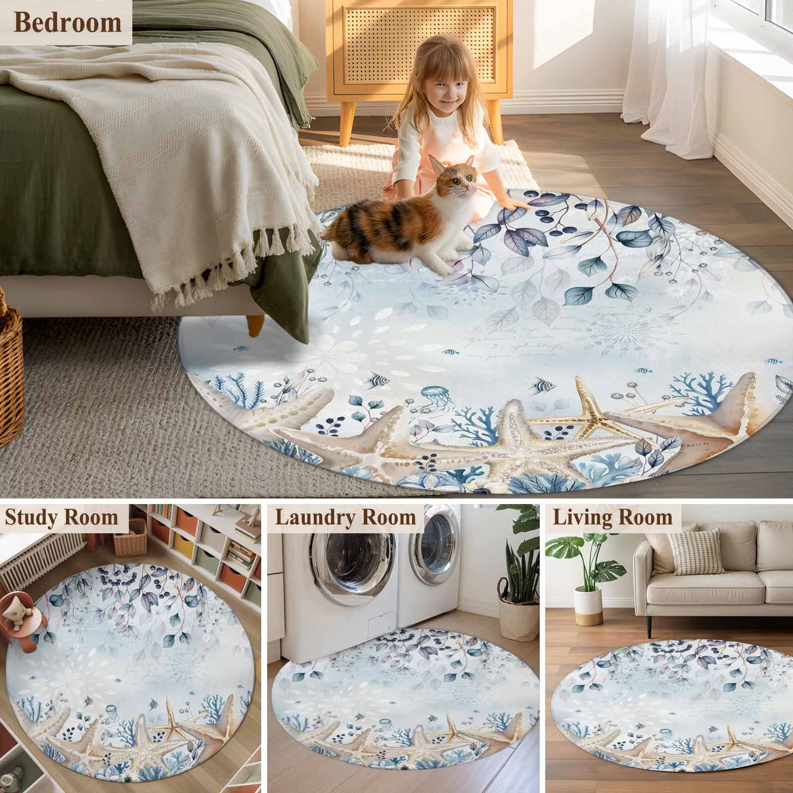 Round Rugs 3Ft, Blue Beige Coastal Round Area Rug Washable Indoor Throw Carpet, Beach Starfish Summer Eucalyptus Ombre Small Non Slip Circle Rug for Bedroom Living Room Home Decor Aesthetic