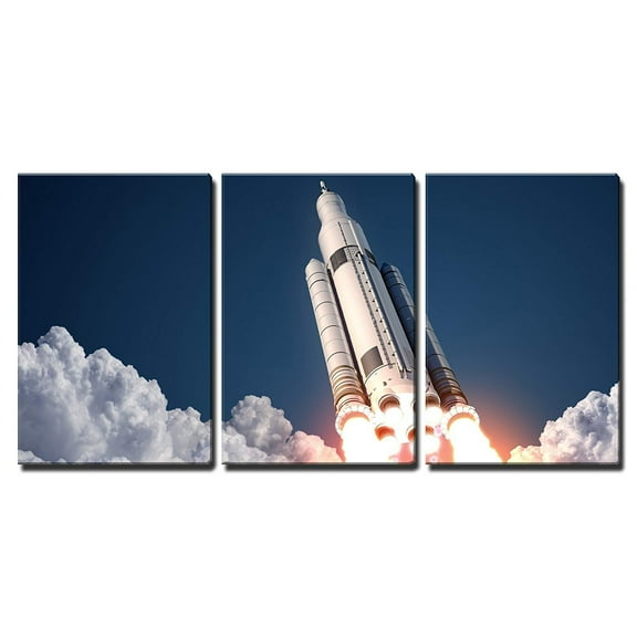 wall26 - 3 Piece Canvas Wall Art - Space Launch System Takes Off. 3D Scene. - Modern Home Art Stretched and Framed Ready to Hang - 16"x24"x3 Panels