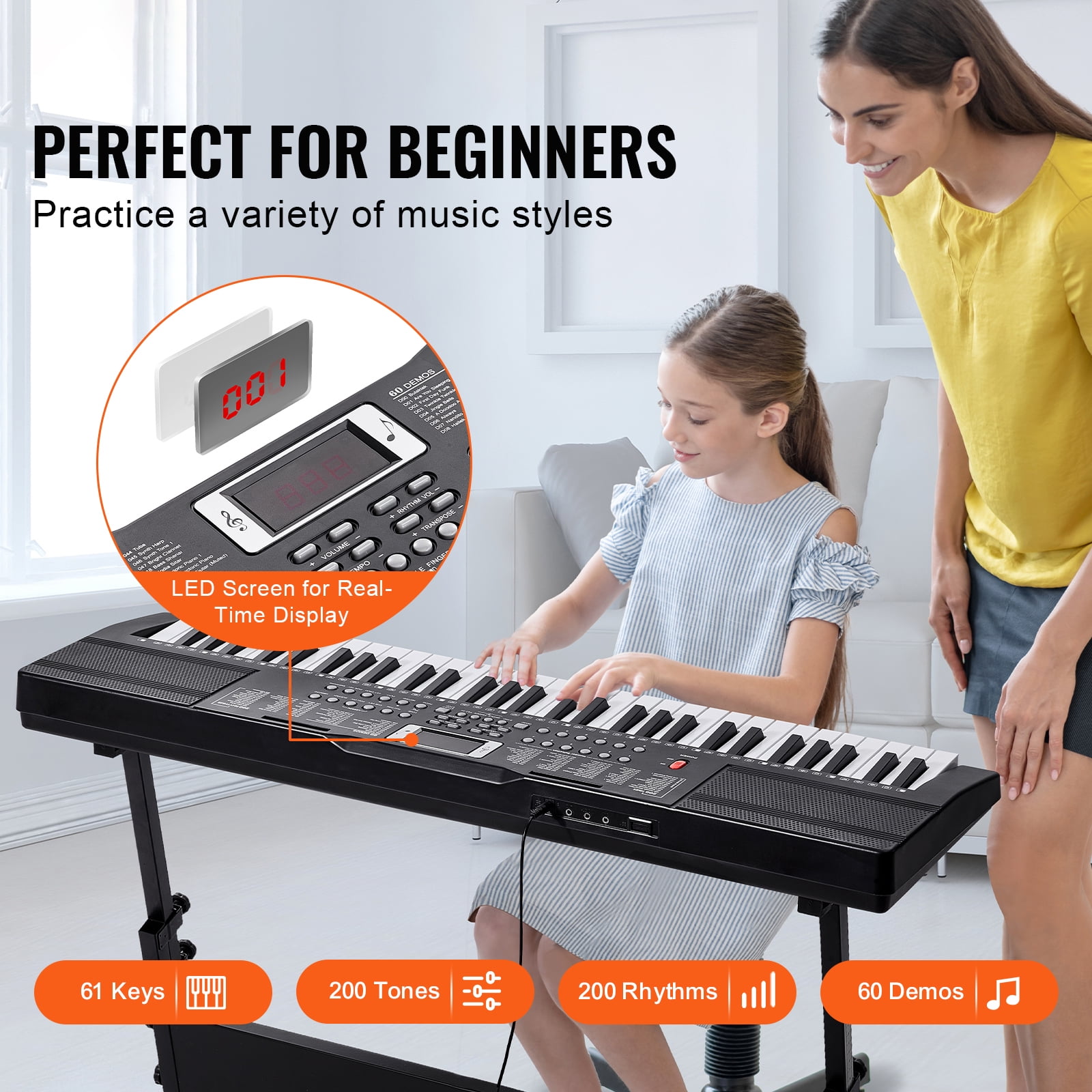 KFFKFF 61 Key Electric Piano Keyboard, Semi-Weighted, 200 Unique Rhythms. Compact Digital Piano Includes 60 Preloaded Songs, Integrated Dual Speakers, Headphones Learning Stickers for Novices.